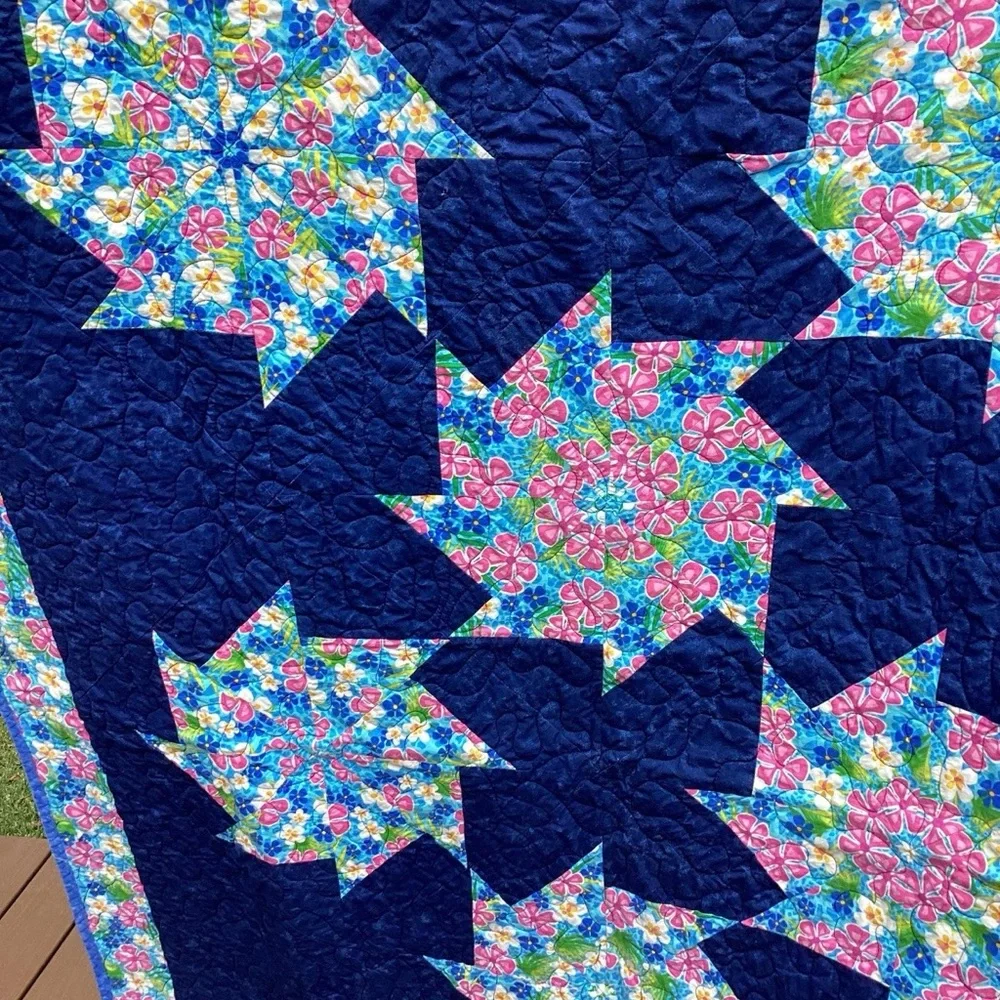 Handmade Floral Star Quilt by - Navy and Multi